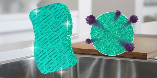 Antibacterial foam of Scrub Dots Heavy Duty sponge keeps germs and odour away
